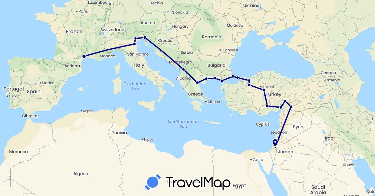 TravelMap itinerary: driving in Albania, France, Greece, Israel, Italy, Slovenia, Turkey (Asia, Europe)